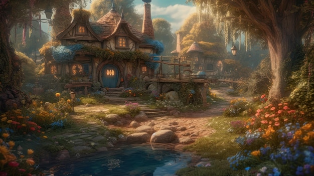 A painting of a hobbit village in the woods