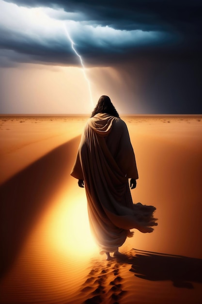 A painting of a holy man walking in the desert.