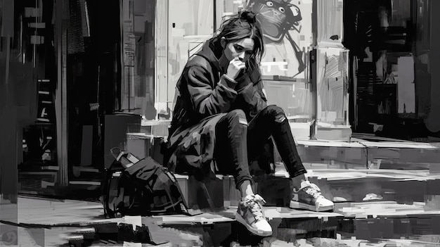 歩道に座っているホームレスの女の子の絵