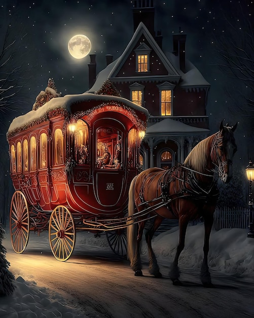 A painting of a horse drawn carriage with a house in the background.