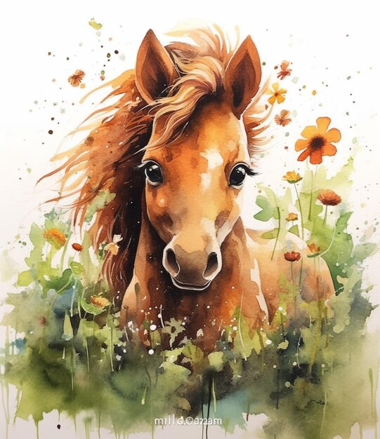 Foto dipinto di un cavallo in un campo di fiori con una farfalla generativa ai