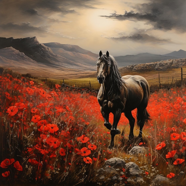 painting of a horse in a field of poppies with mountains in the background generative ai