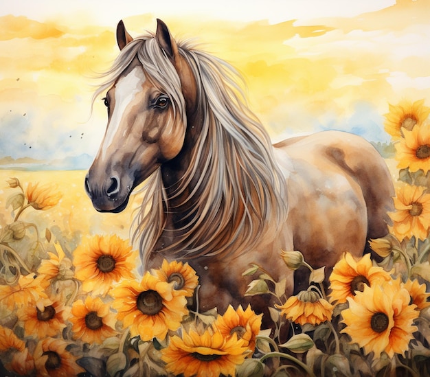 Painting of a horse in a field of sunflowers with a sky background generative ai