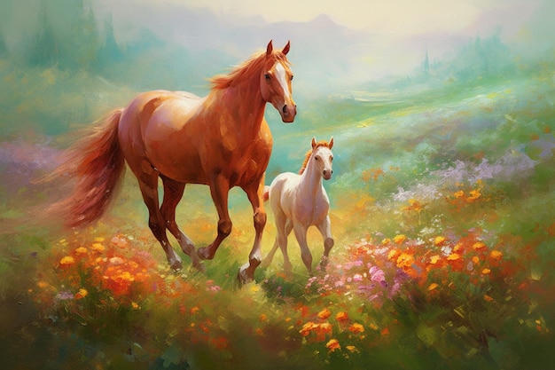 A painting of a horse and a foal in a field of flowers.