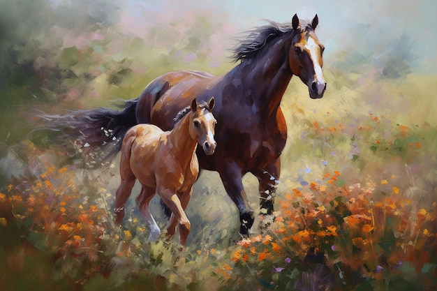 A painting of a horse and a foal