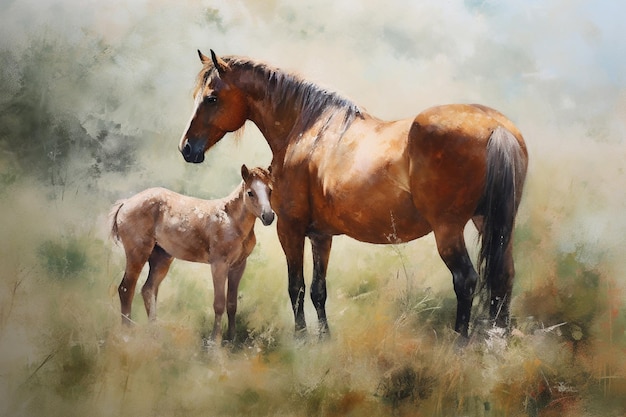 A painting of a horse and foal