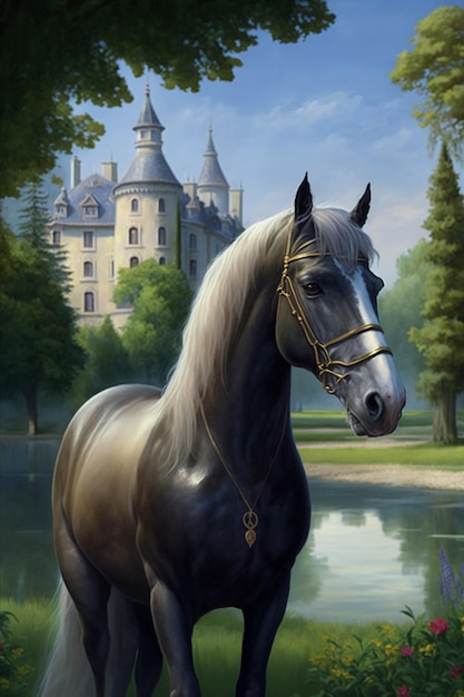 Painting of a horse in front of a castle generative ai