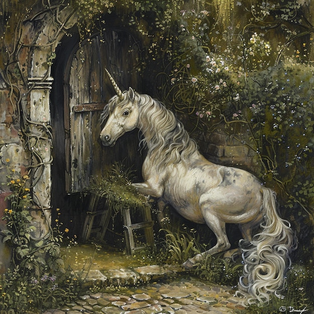a painting of a horse in a garden with a door that says quot the horse quot