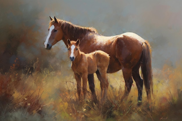 A painting of a horse and her foal