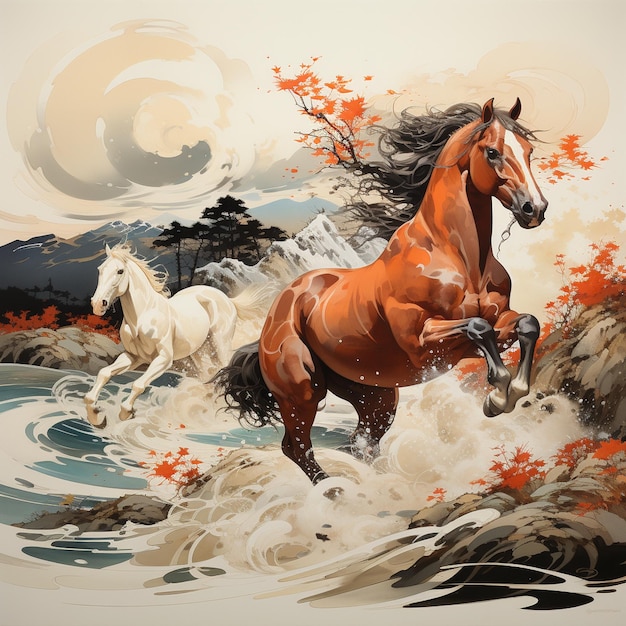 a painting of a horse and a horse in the water