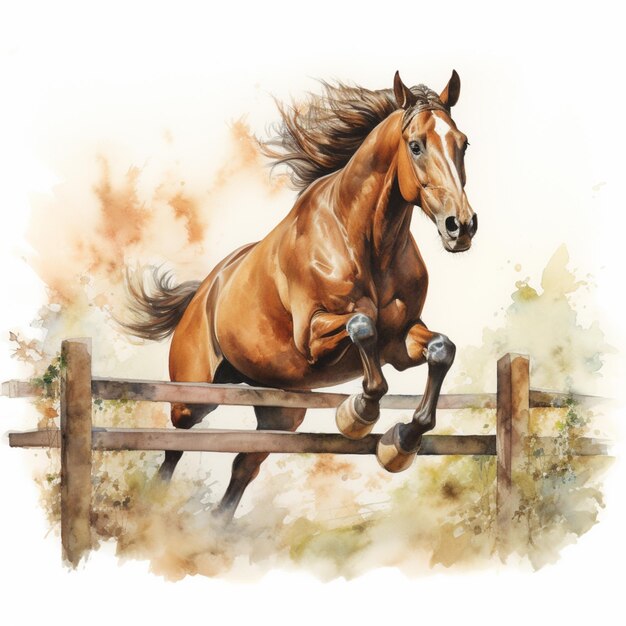 Painting of a horse jumping over a fence in a field generative ai