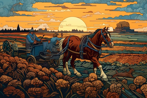 A painting of a horse pulling a carriage in a field Generative AI image