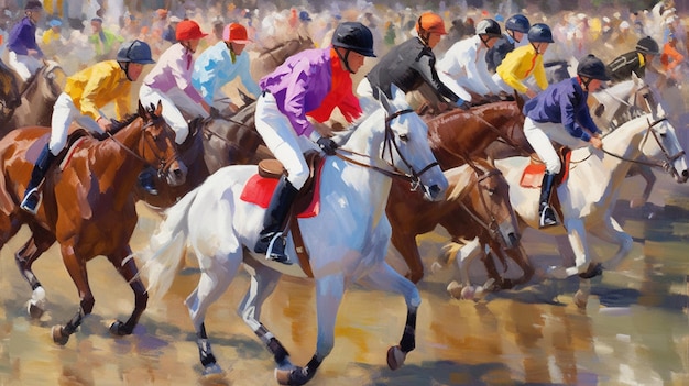 A painting of a horse race with a jockey on the back.