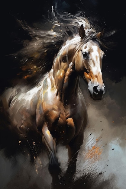 painting of a horse running in the dark with a black background generative ai