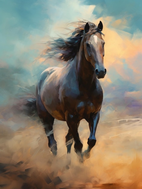 A painting of a horse running through the desert.