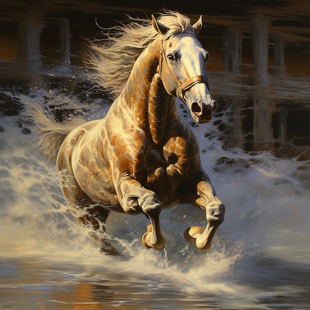 Foto dipinto di un cavallo che corre nell'acqua