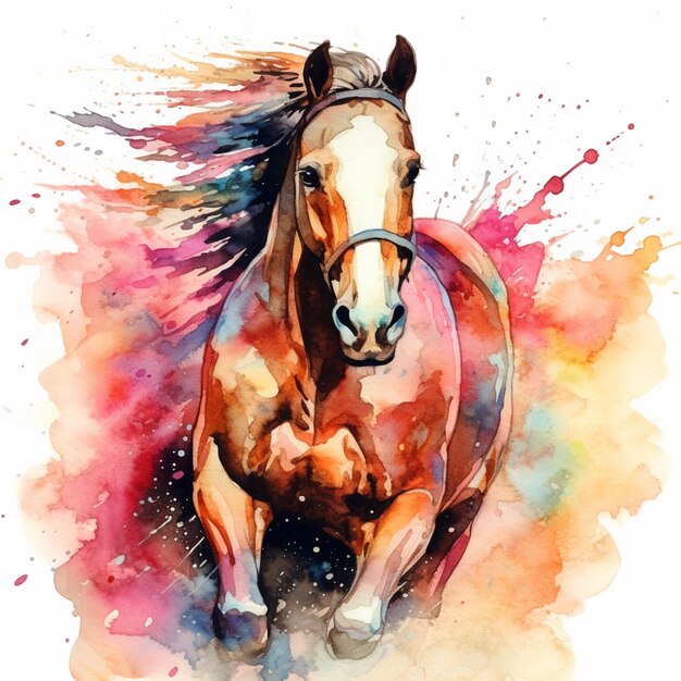 Painting of a horse running in the wind with a colorful background generative ai