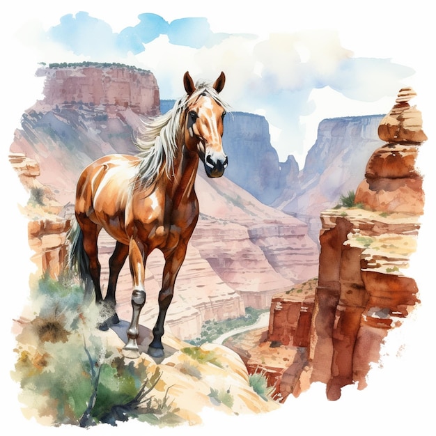 painting of a horse standing on a cliff overlooking a canyon generative ai