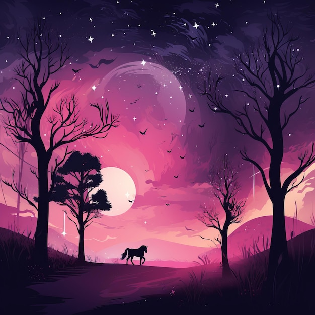 a painting of a horse walking through the forest at night