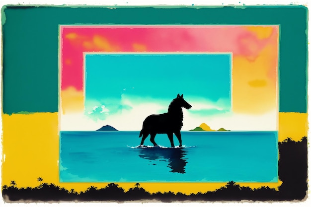 A painting of a horse in the water with a sunset in the background