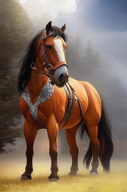 A painting of a horse with a black mane and white markings.