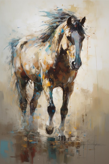 A painting of a horse with a blue mane.