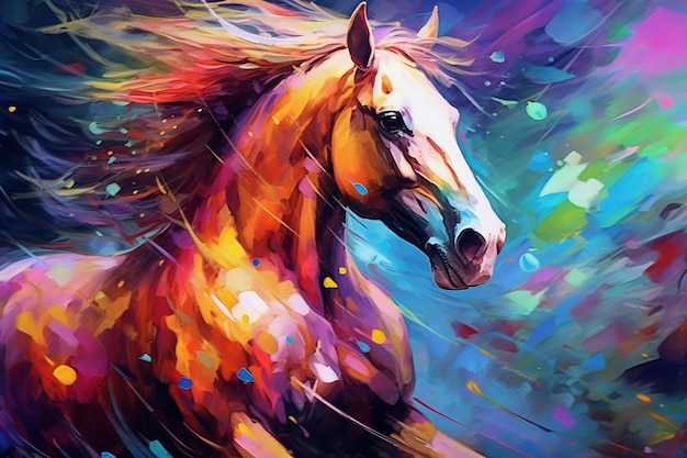 Painting of a horse with a colorful mane and a long mane generative ai