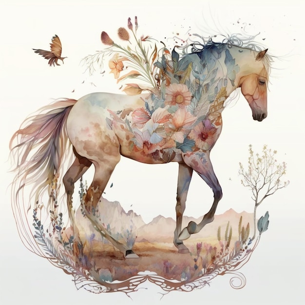 Painting of a horse with a floral body and a bird generative ai