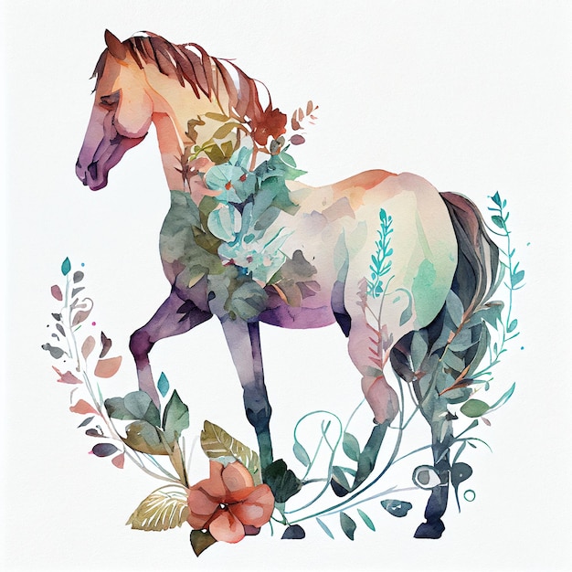 A painting of a horse with a floral design on it