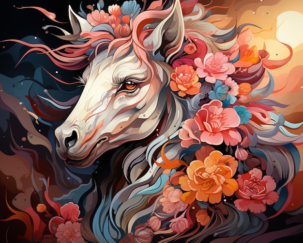 Painting of a horse with flowers on its head generative ai