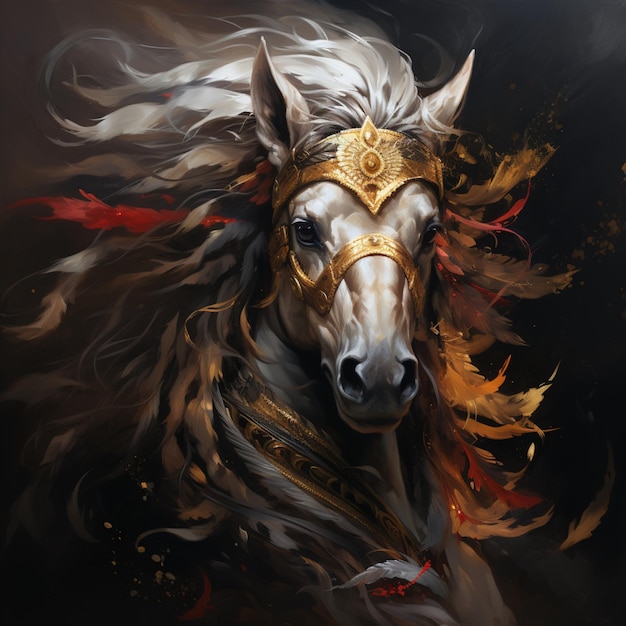 Painting of a horse with golden feathers image Ai generated art