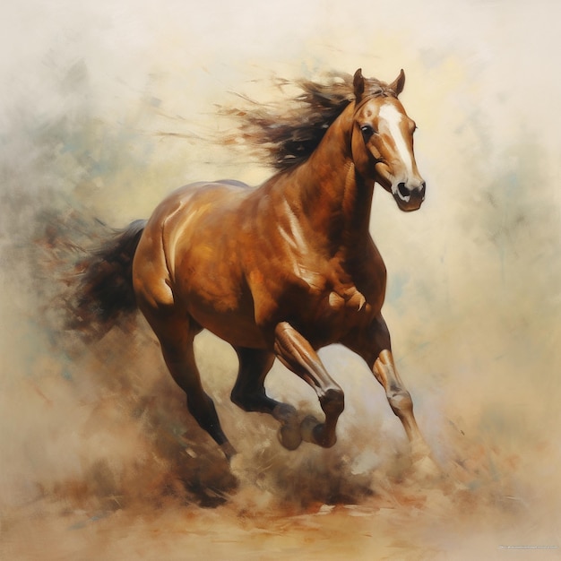a painting of a horse with a horse running in the dust