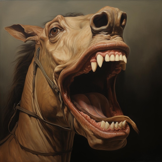 a painting of a horse with its mouth open.