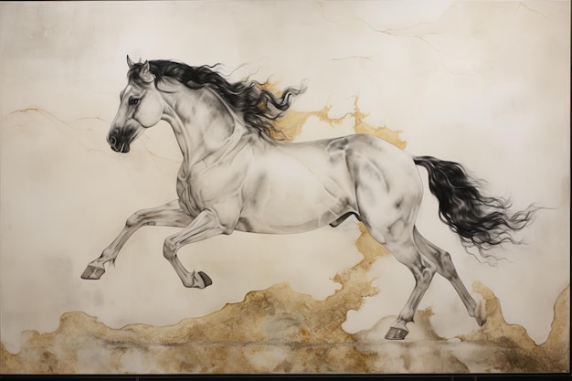 Foto un dipinto di un cavallo con i capelli lunghi e una lunga criniera.
