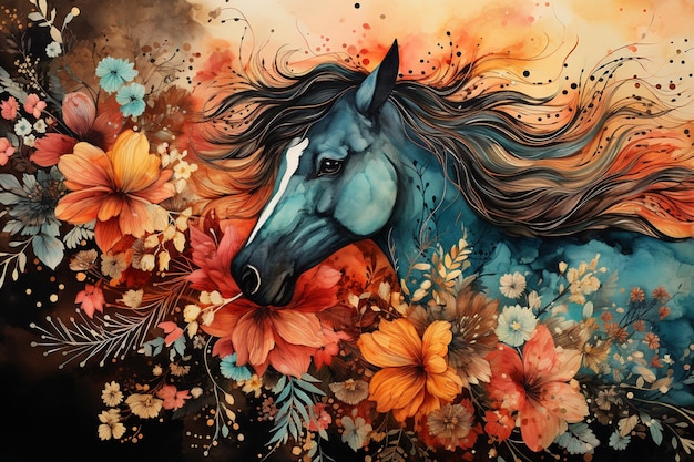 painting of a horse with a long mane and flowers in the background generative ai