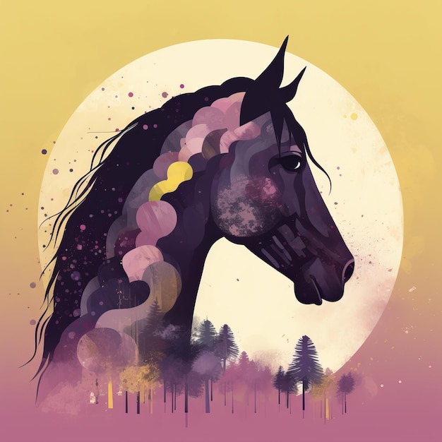 A painting of a horse with a purple background and the sun behind it