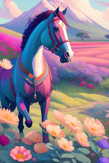 A painting of a horse with a purple and blue face and a purple and white head.