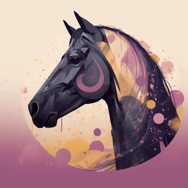 A painting of a horse with a purple circle on the left side