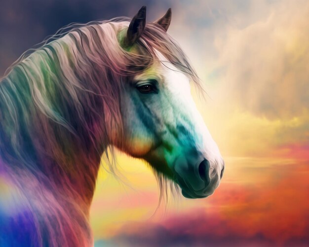 Photo painting of a horse with a rainbow colored mane and a cloudy sky generative ai