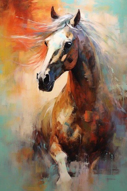 A painting of a horse with a rainbow mane.