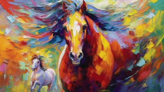 A painting of a horse with a white horse on the left.