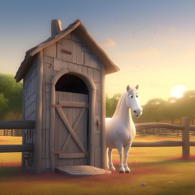 Картина с изображением лошади и деревянного флигеля.