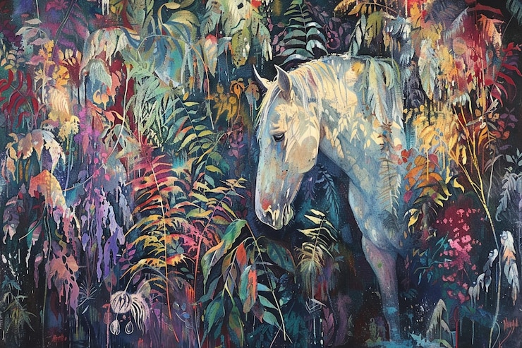 Photo a painting of a horse in the woods with the title  the title