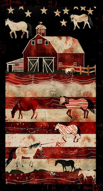 背景に馬が描かれている馬と小屋の絵画