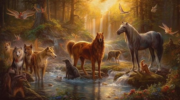 A painting of horses in a forest with a bird flying above them.