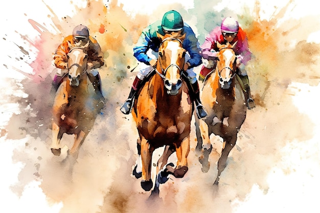 A painting of horses racing with jockeys on their backs.