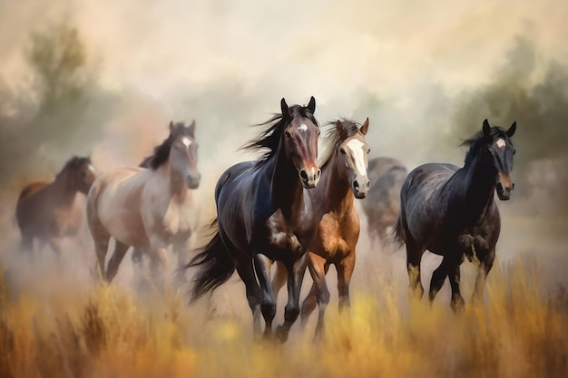 A painting of horses running in a field