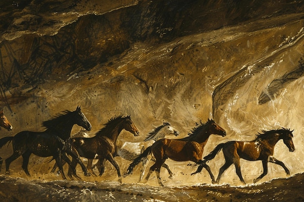 a painting of horses running in front of a cliff