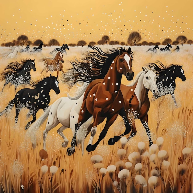 A painting of horses running through a field