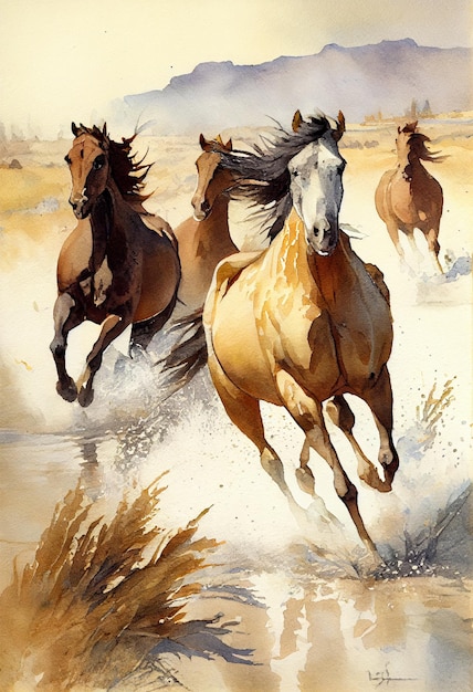 A painting of horses running in the water with the word horses on it.